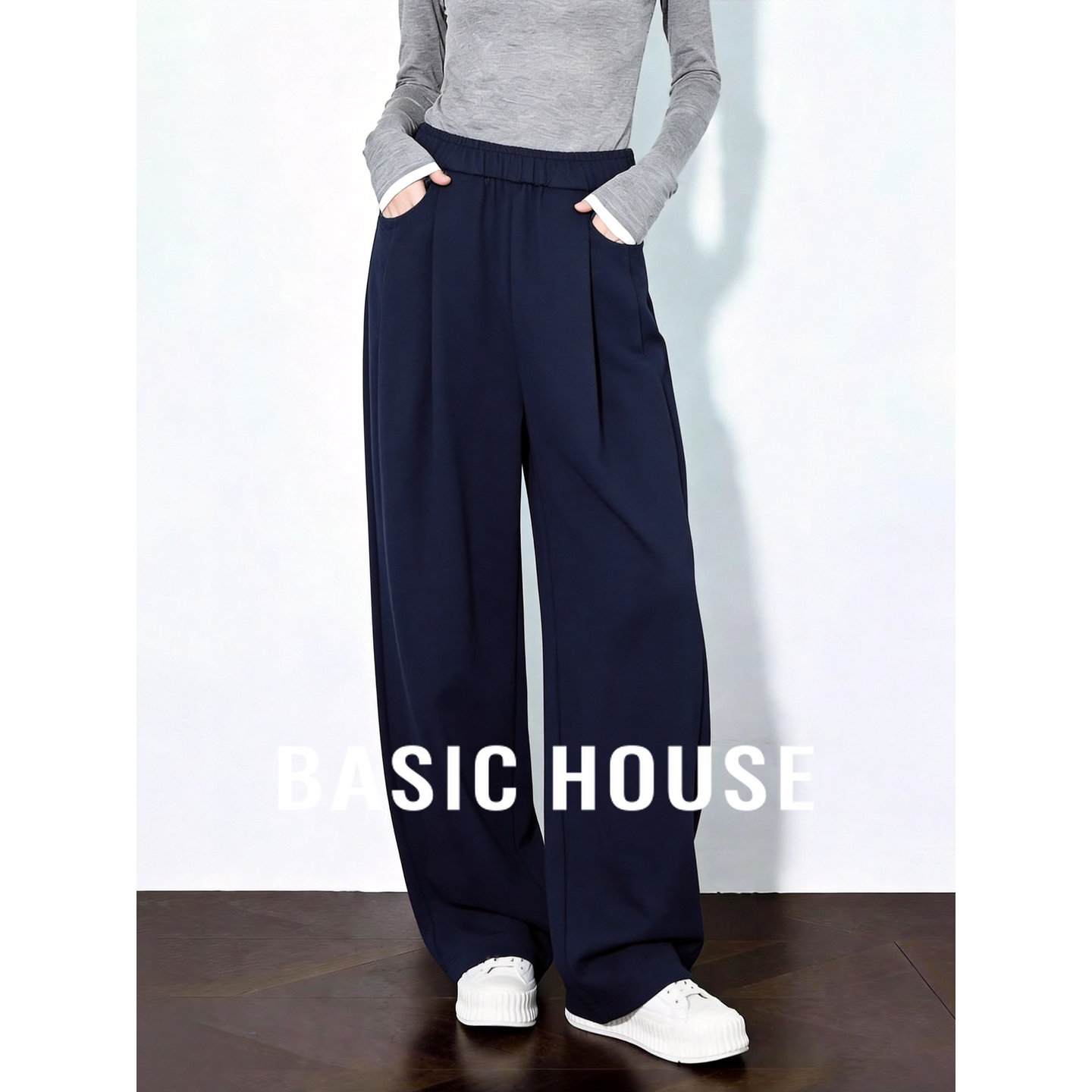 Basic House/百家好藏青色简约松紧腰阔腿裤女2026夏季宽松休闲裤