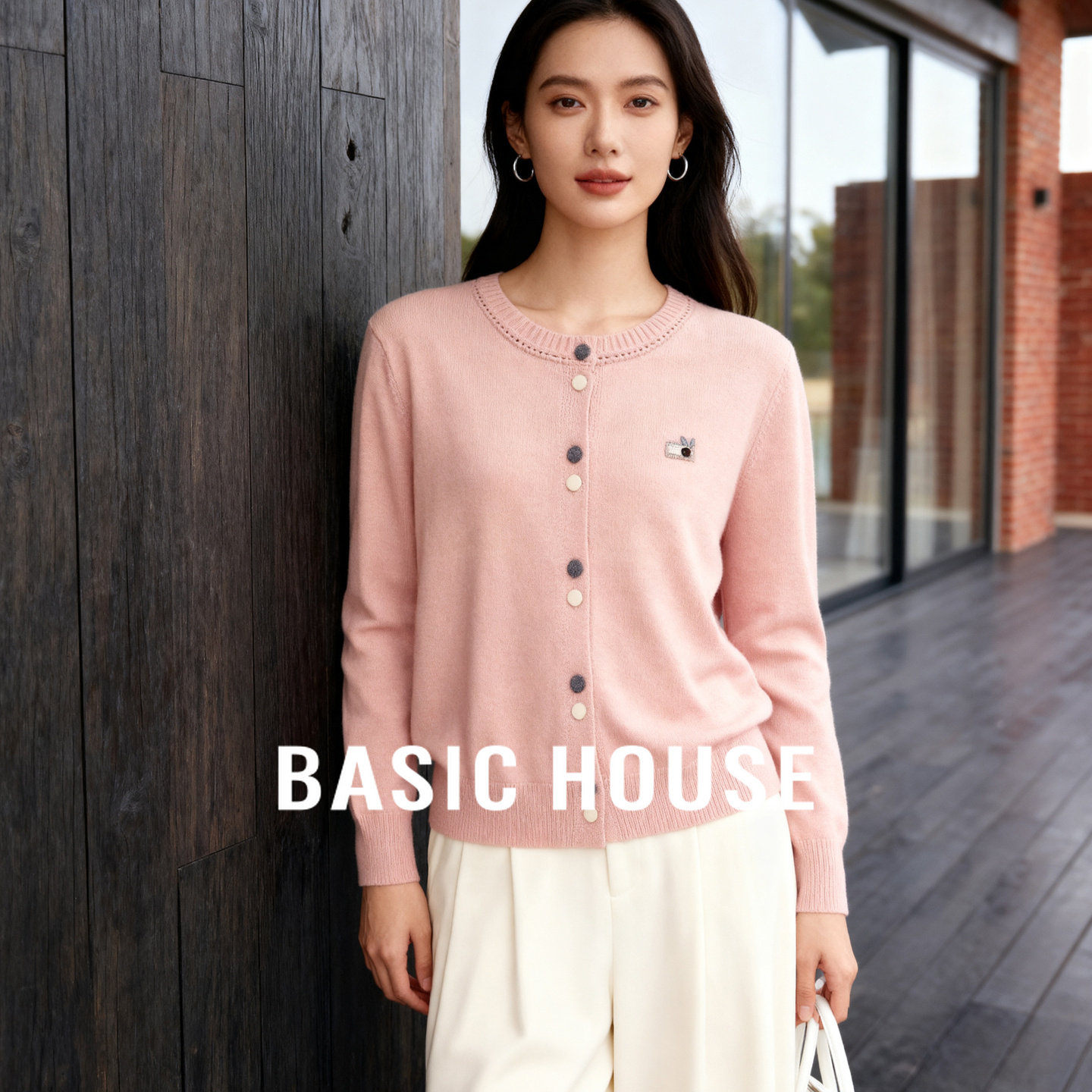 Basic House/百家好2026春新款圆领宽松针织开衫韩版撞色上衣女