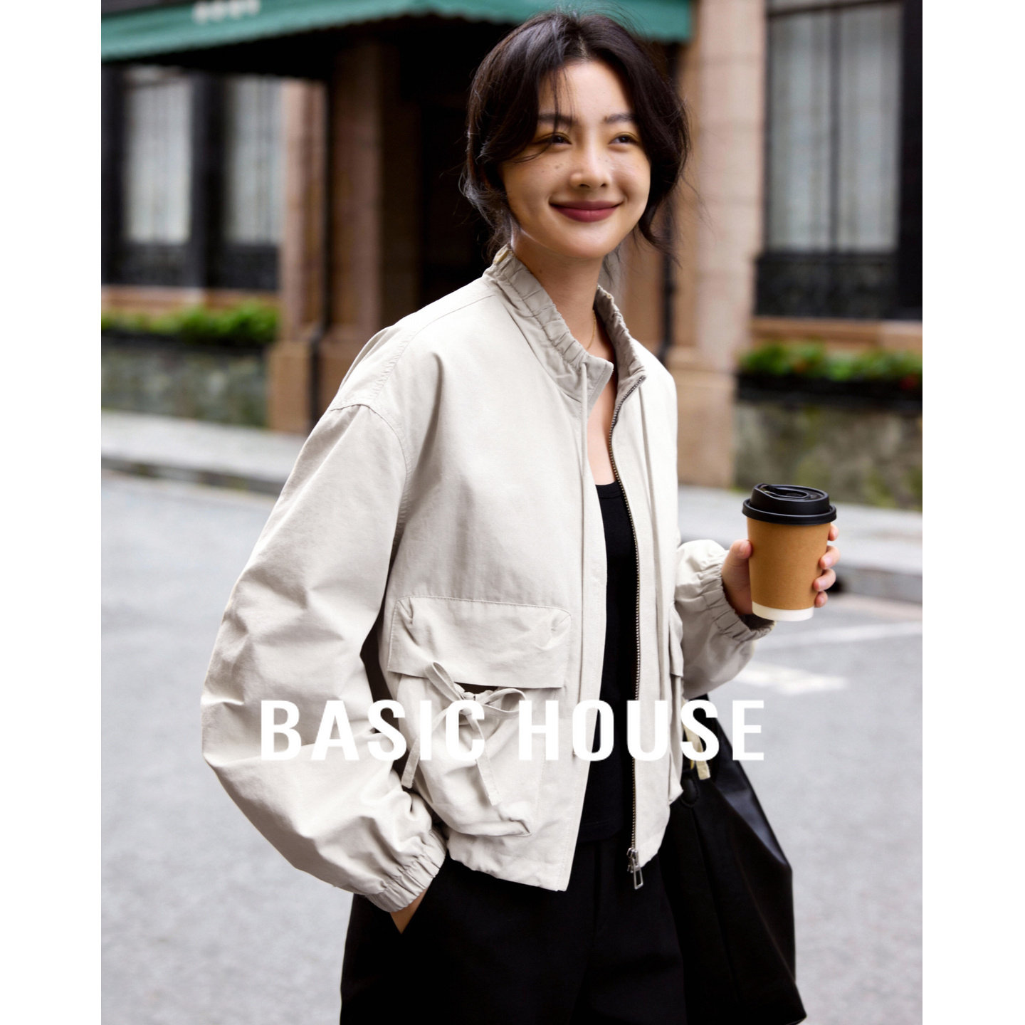 Basic House/百家好纯色抽绳立领工装夹克女春季新款宽松简约外套