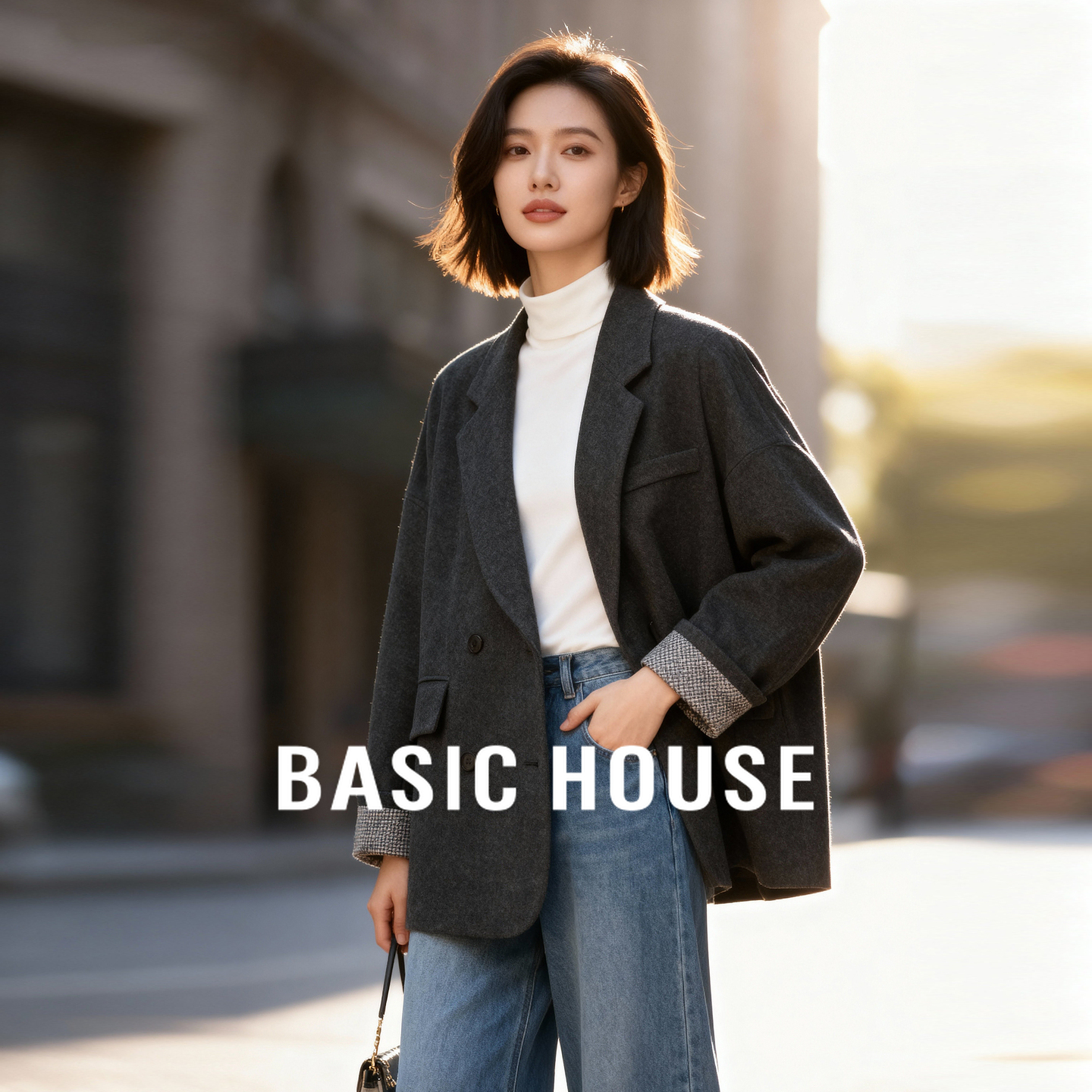 Basic House/百家好灰色翻领羽绒西装外套冬季高级感宽松加厚上衣