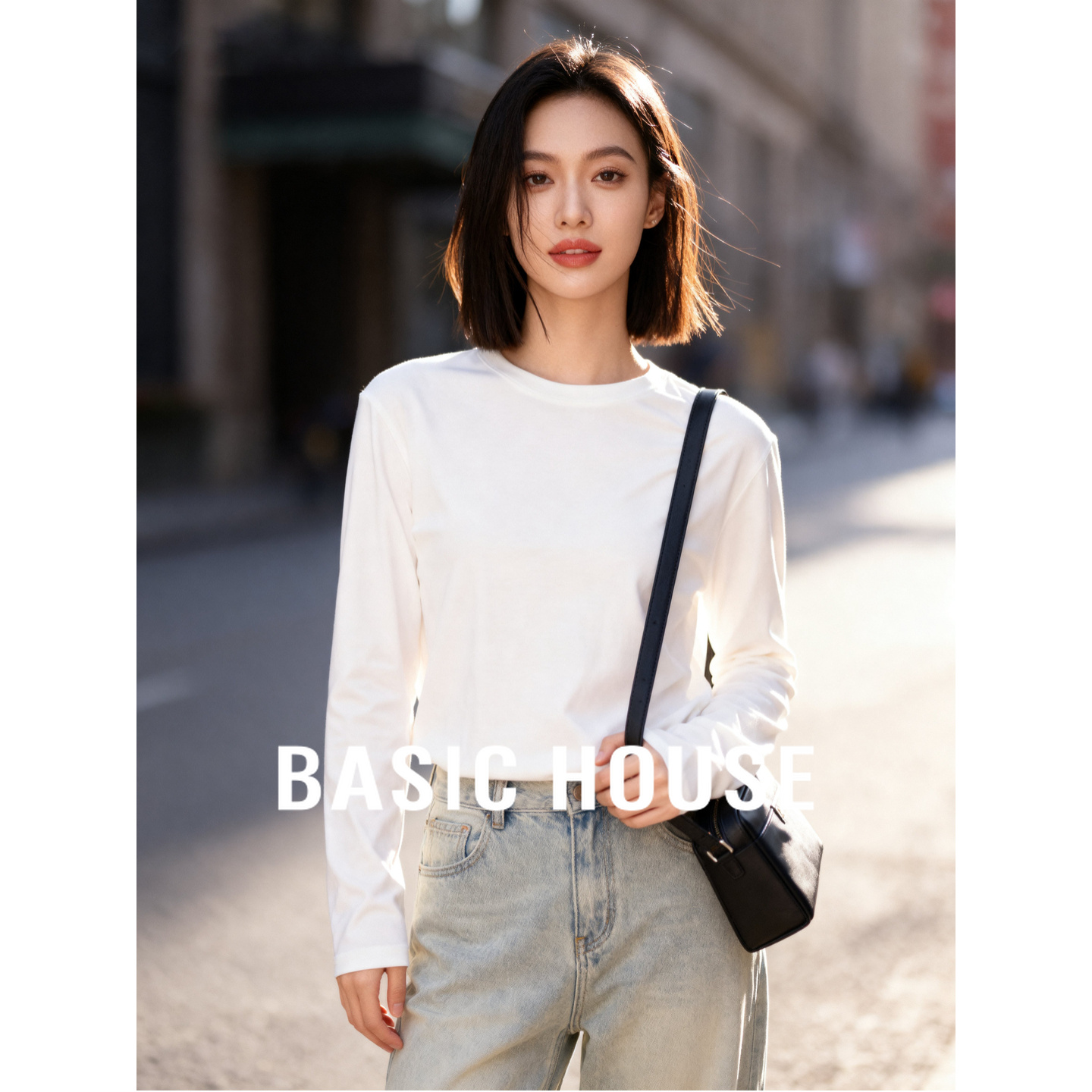 Basic House/百家好休闲简约圆领长袖T恤2025秋季修身显瘦上衣女