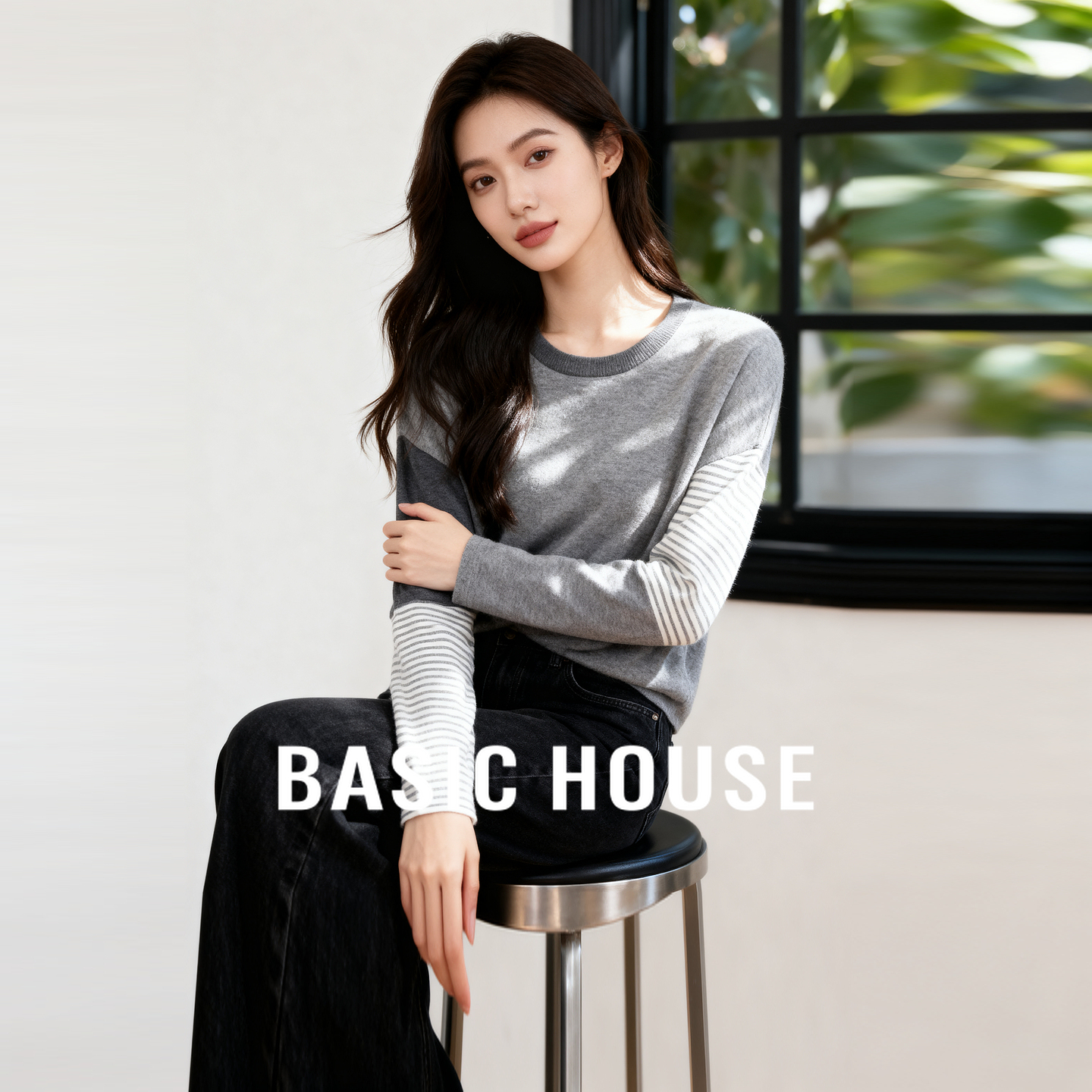 Basic House/百家好绵羊毛拼接撞色针织衫女秋冬好看长袖套头上衣