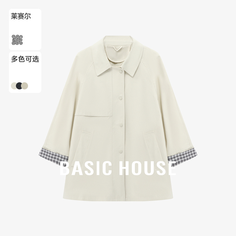 Basic House/百家好休闲百搭格子袖设计感秋季新款翻领宽松外套女
