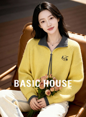 Basic House/百家好双拉链翻领卡通刺绣针织开衫女冬通勤减龄毛衣