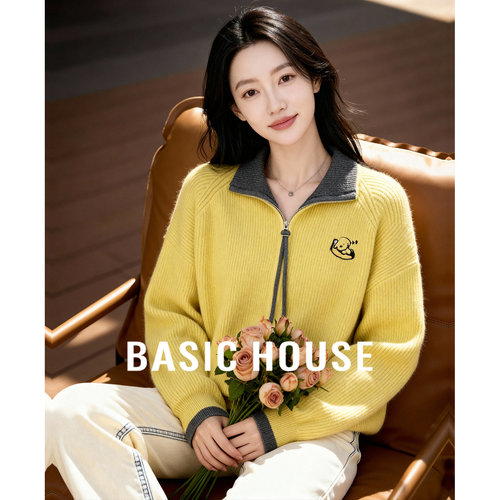Basic House/百家好双拉链翻领卡通刺绣针织开衫女冬通勤减龄毛衣