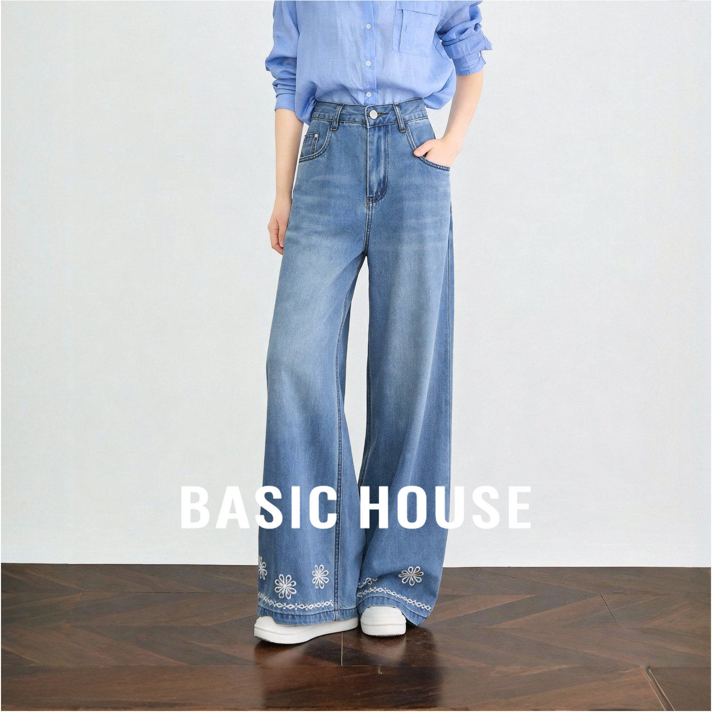 百家好复古水洗刺绣阔腿牛仔裤春季新款女士高腰直筒显瘦九分裤子