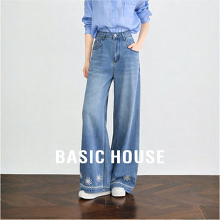 女士高腰直筒显瘦九分裤 新款 子 春季 百家好复古水洗刺绣阔腿牛仔裤