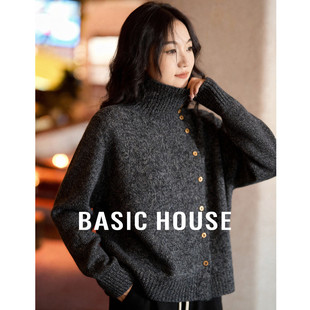 Basic House/百家好绵羊毛灰色毛衣女冬新款温柔气质兔毛高领毛衫