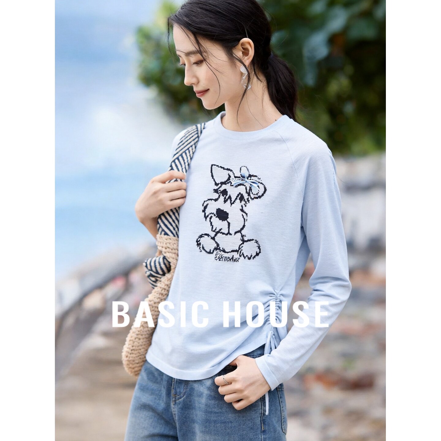 Basic House/百家好小狗印花抽绳长袖T恤女春夏显瘦百搭休闲上衣