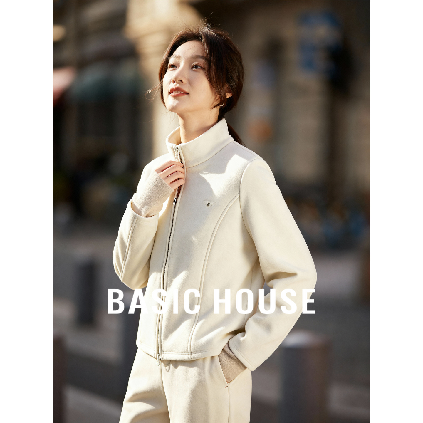 Basic House/百家好立领收腰短款25冬新极简显瘦通勤休闲上衣外套