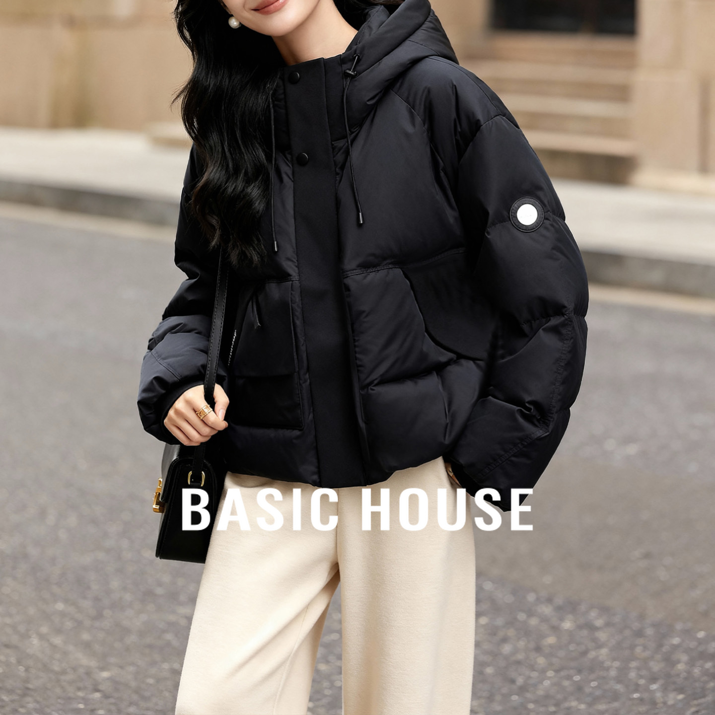 Basic House/百家好极简风连帽羽绒服女冬高级感蓬松保暖时尚外套