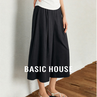 高腰抽褶垂坠显瘦黑色七分休闲裤 新款 女夏季 百家好简约百搭阔腿裤