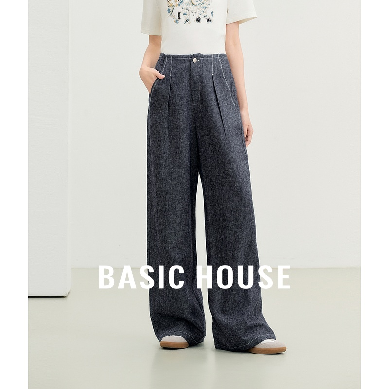 Basic House/百家好亚麻阔腿休闲裤女秋季新款宽松垂坠感直筒长裤