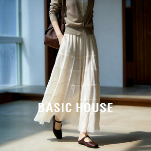 中长款 百家好杏色褶皱优雅纱裙2026春季 通勤蛋糕裙女 House Basic