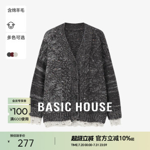 女 Basic House 百家好绵羊毛慵懒风撞色拼接毛衣外套秋冬新款 开衫