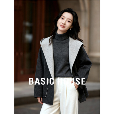 百家好撞色保暖气质毛呢外套女冬季新款高级感羊毛呢短款连帽大衣