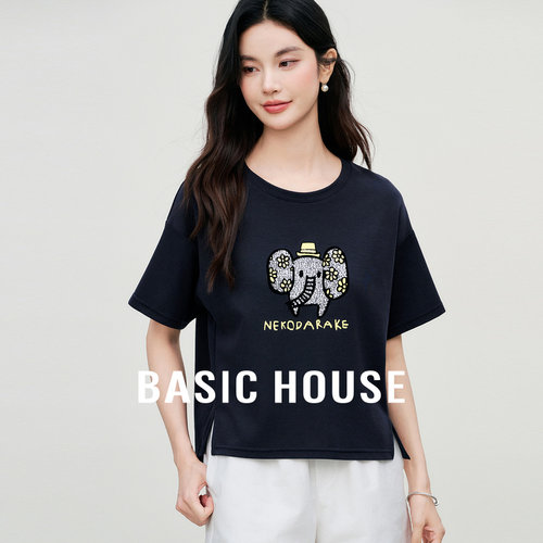 Basic House/百家好卡通图案套头T恤夏季新款短款撞色圆领上衣女