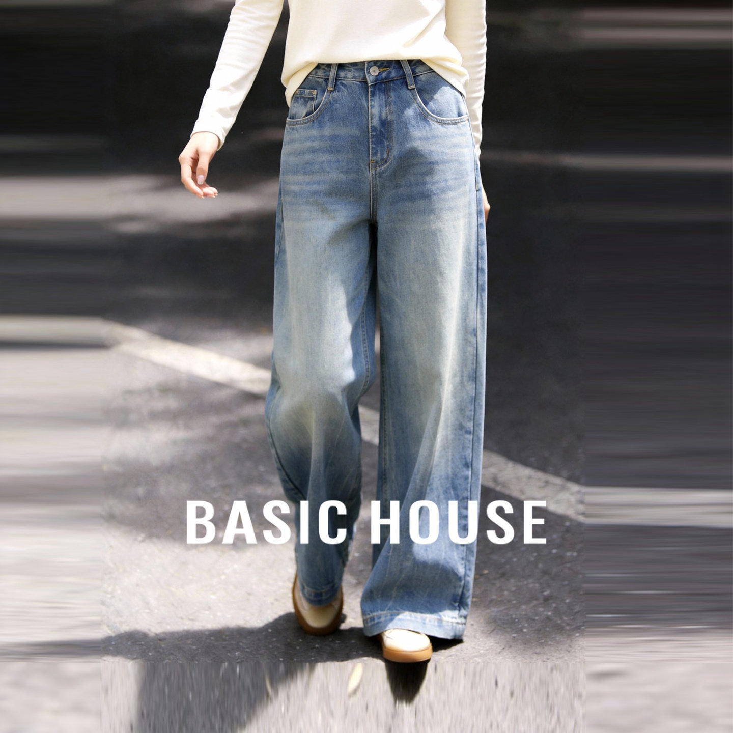 Basic House/百家好高腰显瘦阔腿牛仔长裤女春季新款宽松显瘦裤子,女装/女士精品,牛仔裤,淘宝优惠券,粉丝福利购,淘宝优惠卷