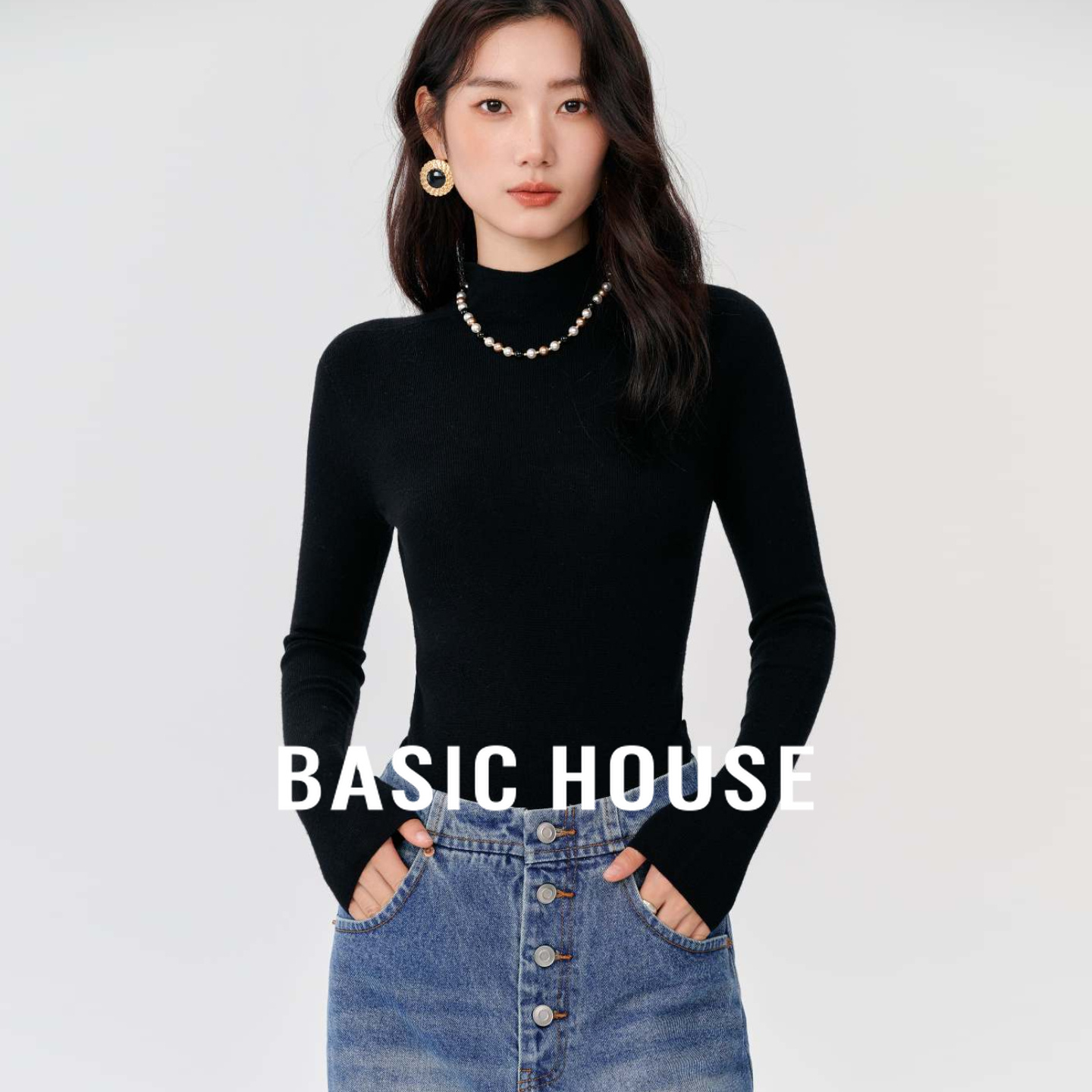Basic House/百家好修身显瘦半高领秋冬新款简约百搭休闲针织衫女