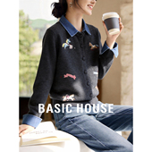 Basic 木马刺绣宽松显瘦开衫 House 百家好减龄牛仔领假两件针织衫