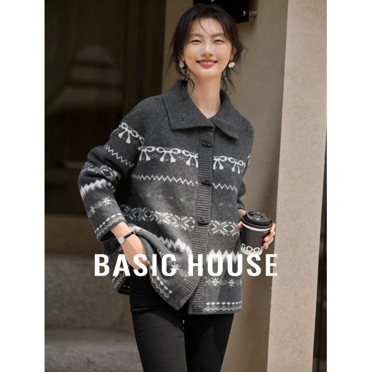 Basic House/百家好费尔岛提花针织开衫女春宽松复古翻领毛衣外套,女装/女士精品,毛衣,淘宝优惠券,粉丝福利购,淘宝优惠卷