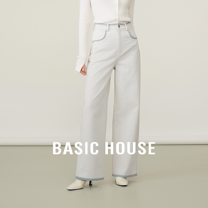 Basic House/百家好撞色拼接阔腿牛仔裤女秋季高腰宽松直筒长裤子