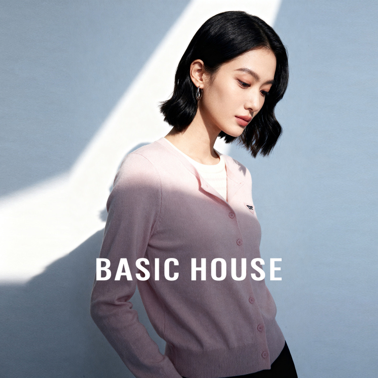 Basic House/百家好天丝假两件针织衫春新款亚麻条纹拼接短款上衣