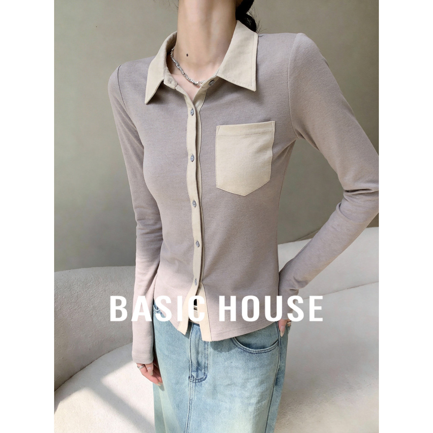 Basic House/百家好翻领长袖T恤春款修身醋纤内搭拼色打底毛衫女