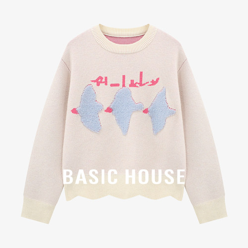Basic House/百家好飞鸟提花毛衣女波浪下摆宽松针织衫设计感上衣