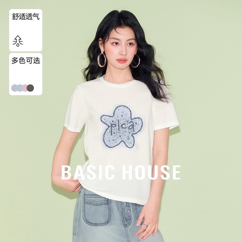 Basic House/百家好休闲百搭水钻设计感夏季新款宽松短袖套头T恤