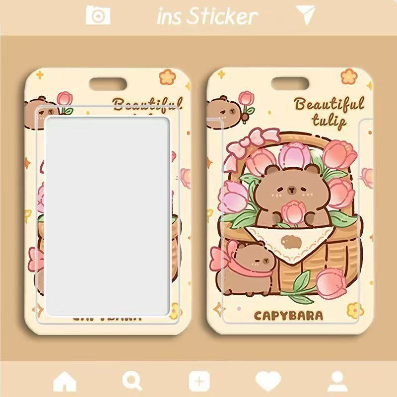 卡皮巴拉水豚可爱滑盖卡套学生饭卡公交地铁卡套身份证透明套挂绳