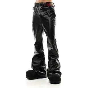 SCD crowd 2024冬 暗黑造型先锋多拼接蜡裤亮面修身显瘦喇叭裤