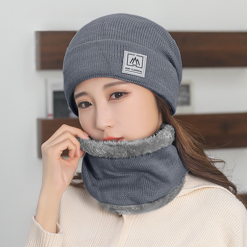 冬天防寒加绒脖套帽子两件套女士