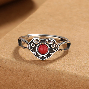 活口指环 复古民族风镶嵌南红如意戒指女泰银做旧工艺时尚 气质个性