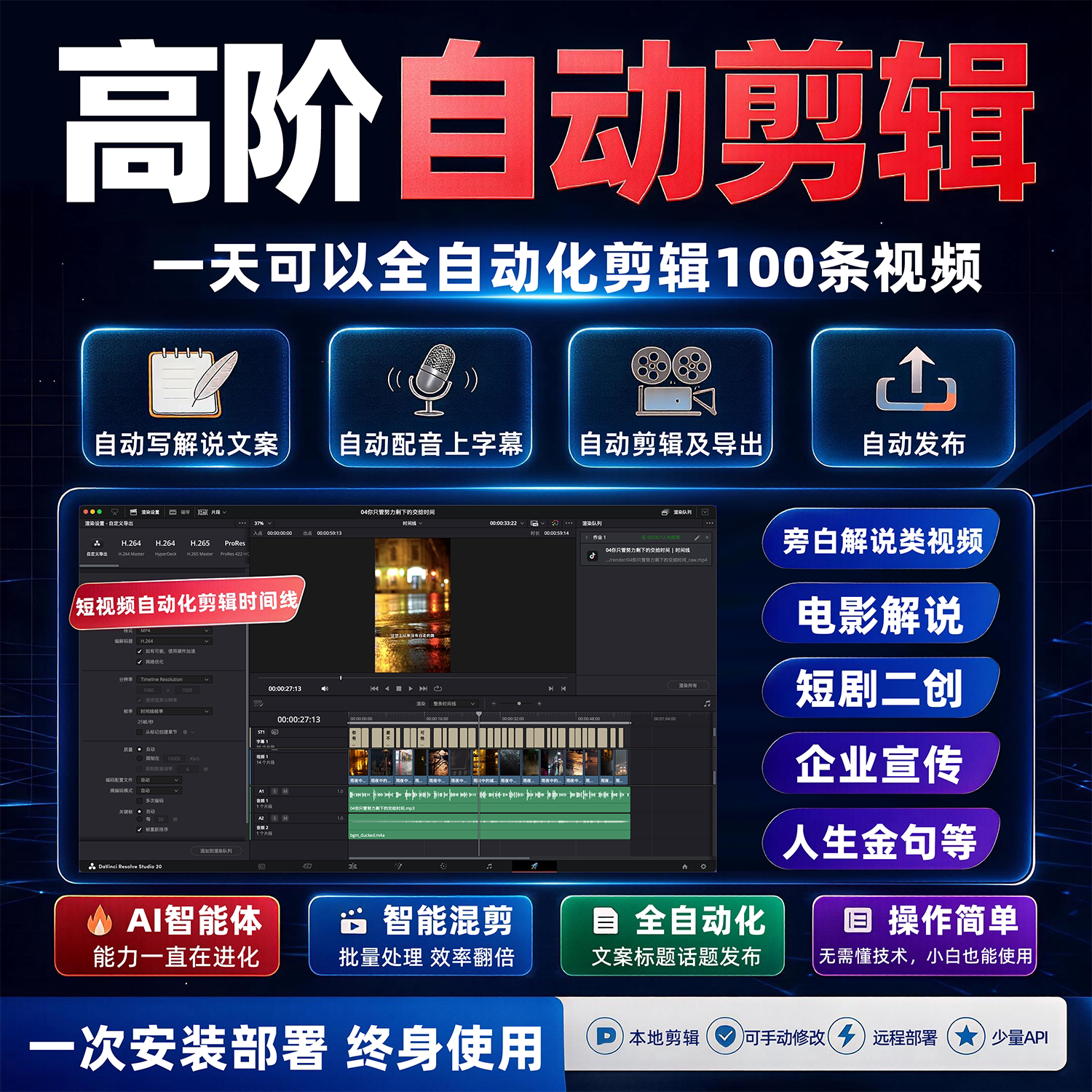 短视频自动剪辑制作AI智能体短剧电影解说宣传抖音混剪发布工作流