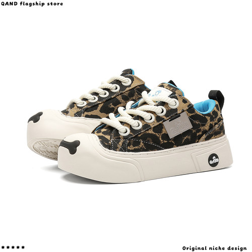 奇安达2025新款厚底豹纹帆布鞋
