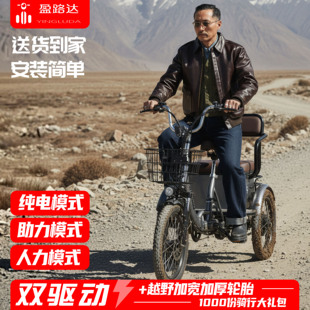 盈路达双驱电动三轮车48V助力三轮车铝合金轮脚踏省力家用越野胎
