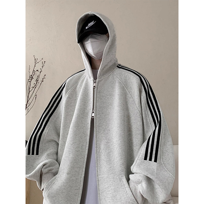 大码300斤美式条纹开衫卫衣男