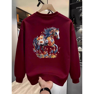 大码 300斤国潮马年本命年酒红色圆领卫衣男秋冬宽松休闲套头上衣