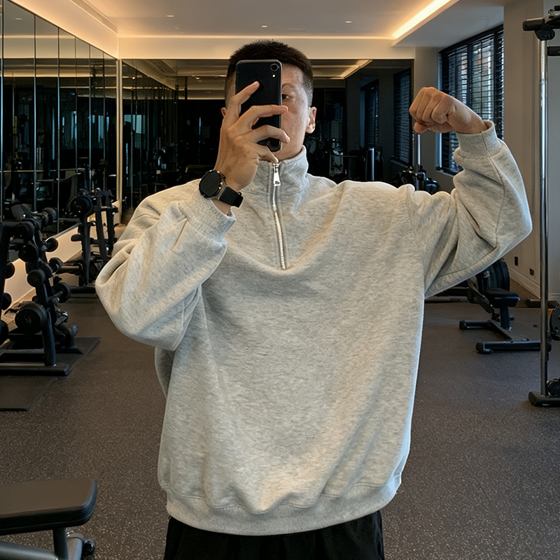 特大码300斤美式翻领半拉链卫衣