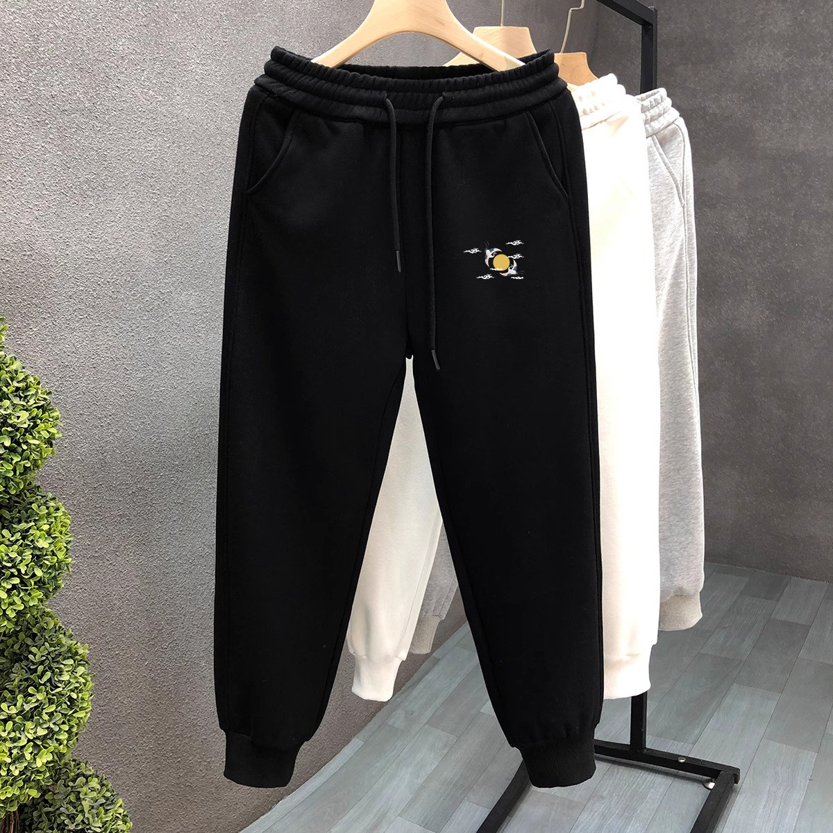 大码300斤国潮白鹤印花直筒卫裤男春秋加绒新款运动简约束脚长裤