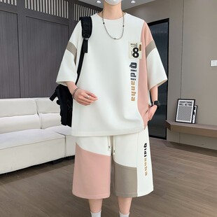 大码300斤设计感撞色短裤男女款夏季休闲运动套装运动服韩版撞色