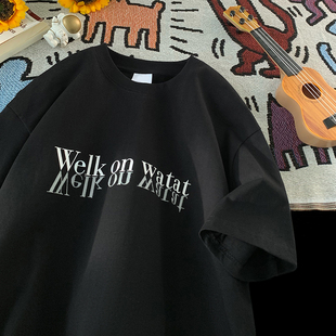 大码300斤男装倒影字母印花短袖T恤男夏季潮牌宽松纯棉情侣半袖衫