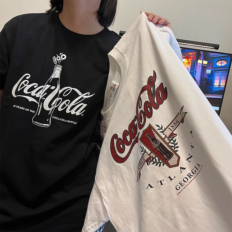 特大码300斤可乐印花纯棉短袖T恤男女夏季宽松显瘦情侣半袖上衣服