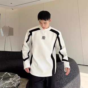 大码300斤男装结构型设计感小众半高领卫衣男春季撞色打底衫上衣2