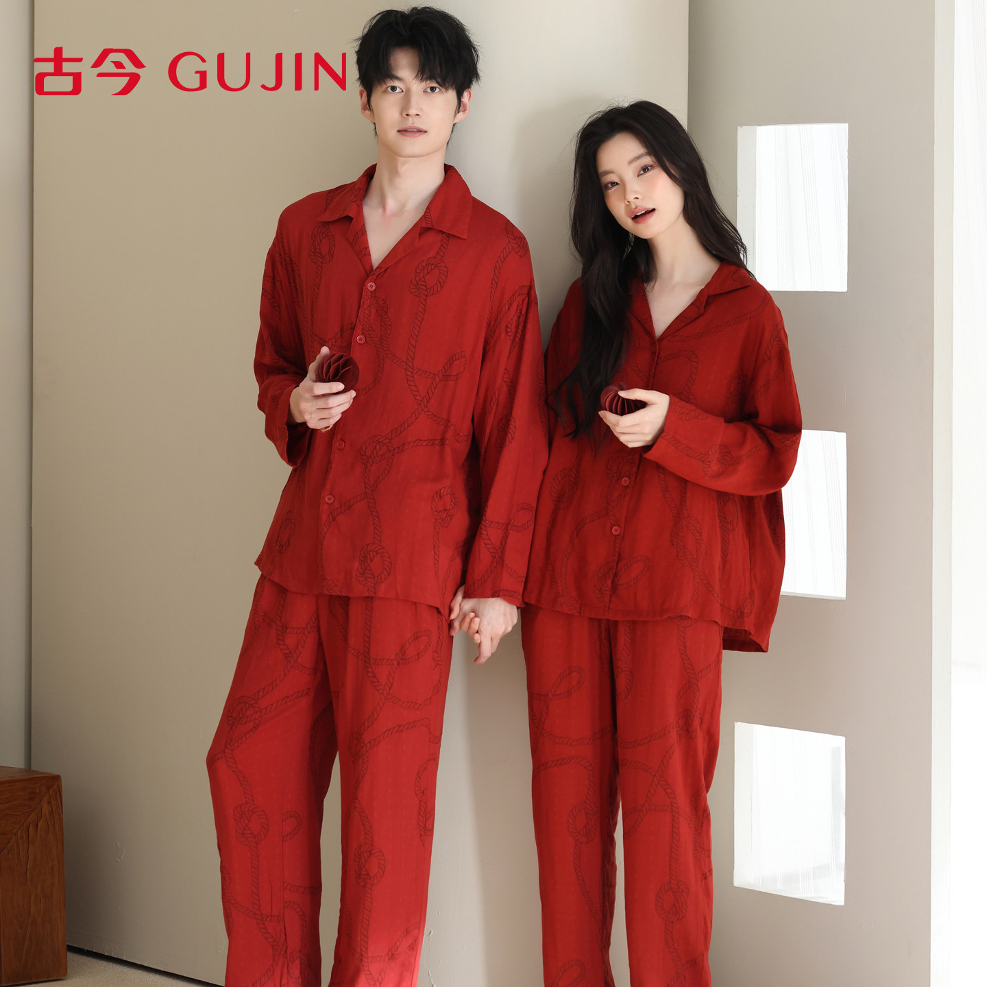 古今情侣睡衣女100%纯棉双层纱布长袖长裤男结婚红色可外穿家居服