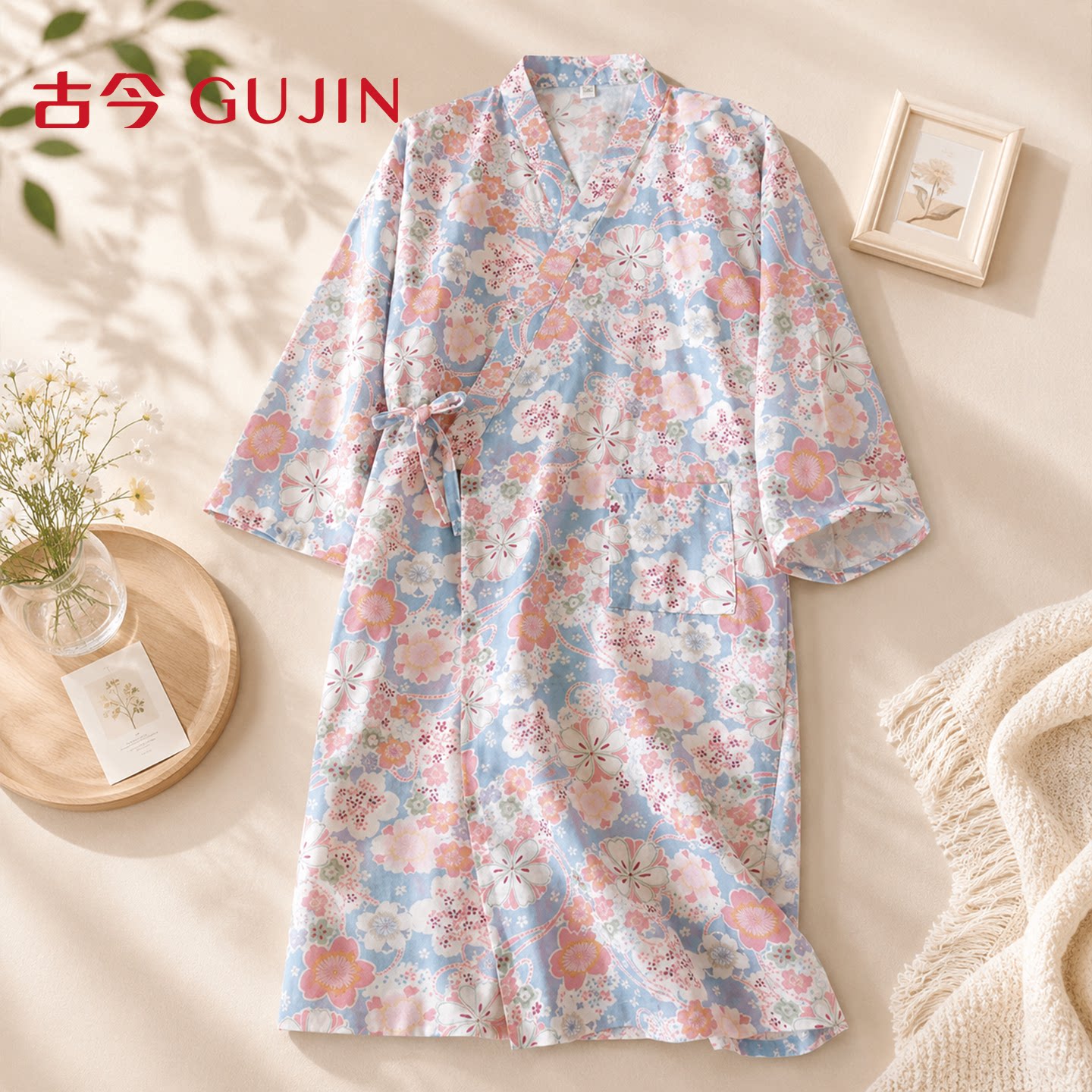 古今睡衣女秋季浴袍睡袍睡裙全棉新款日式双层纯棉纱布和服家居服