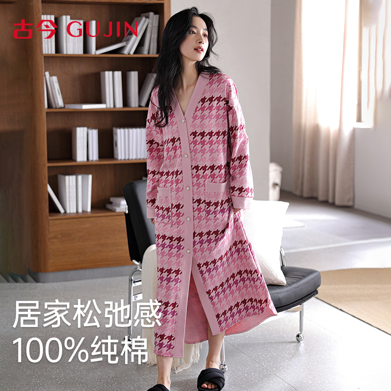 古今纯棉睡裙女春秋款长袖开衫