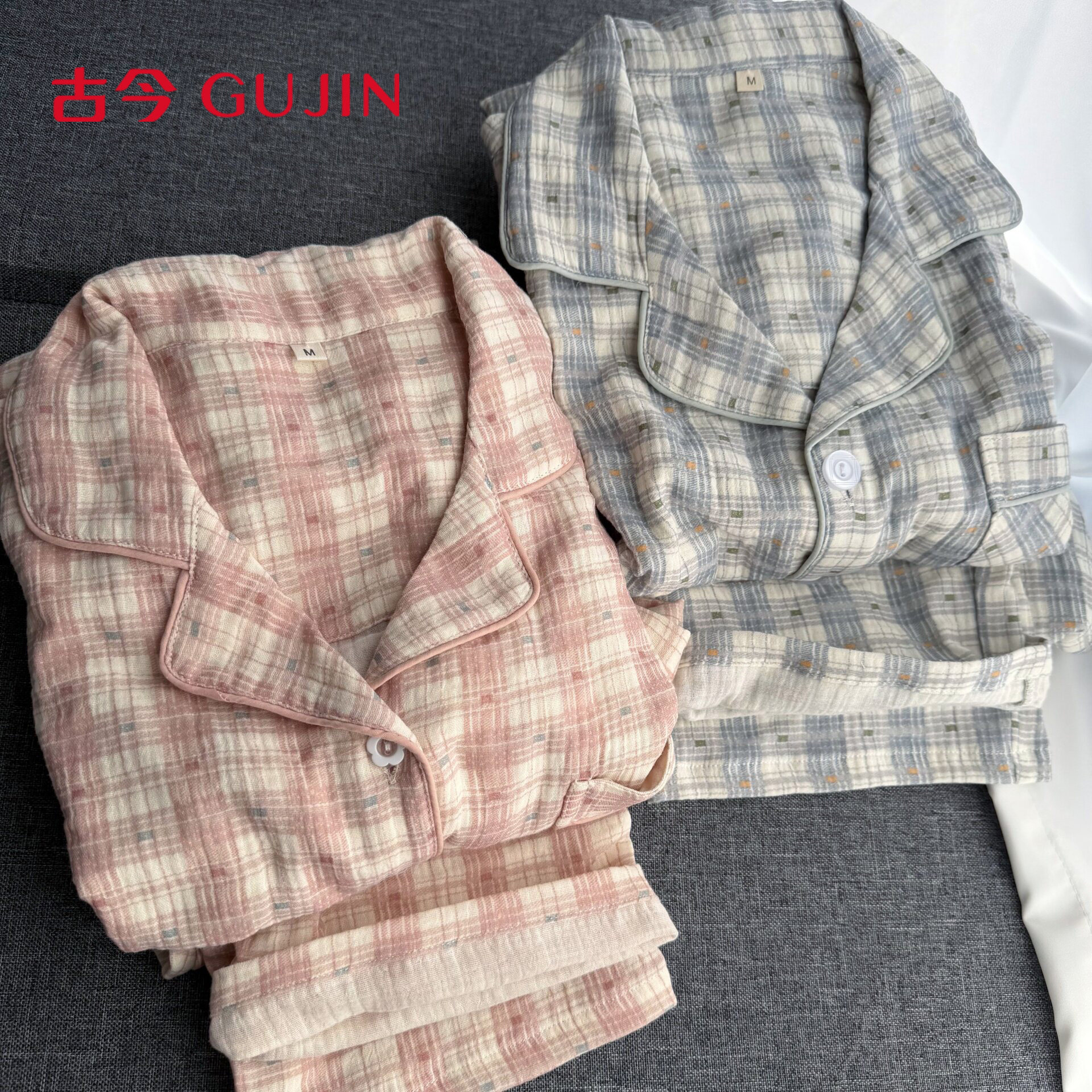 古今2026春秋睡衣情侣款纯棉女士男士双层纱布家居服格子经典长袖