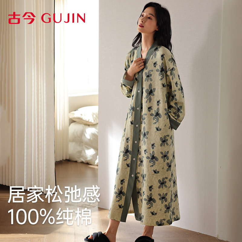古今睡裙女春秋纯棉长袖睡衣中长款大码全棉睡袍开衫连衣裙家居服
